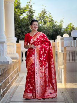 Ekta Textiles - Red Soft Banarasi Silk Minakari Woven Saree with Unstitched Blouse