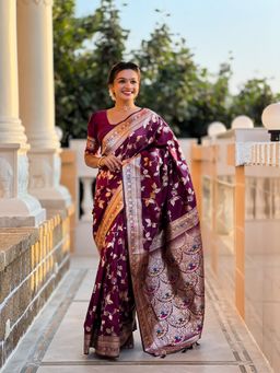 Ekta Textiles - Women Wine Soft Banarasi Silk Minakari Woven Saree with Unstitched Blouse