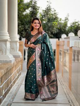 Ekta Textiles - Women Green Banarasi Silk Minakari Woven Saree with Unstitched Blouse