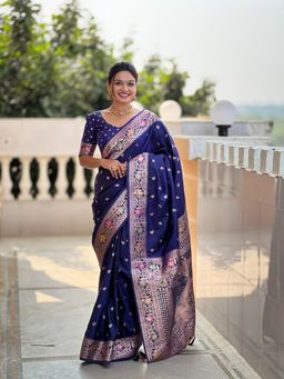 Ekta Textiles - Navy Blue Soft Banarasi Silk Minakari Woven Saree with Unstitched Blouse