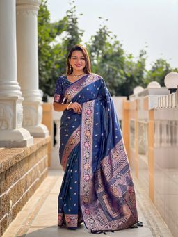 Ekta Textiles - Blue Soft Banarasi Silk Minakari Woven Saree with Unstitched Blouse