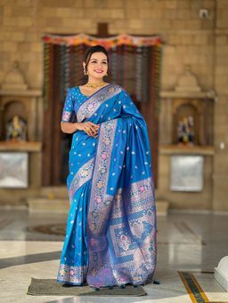Ekta Textiles - Blue Soft Banarasi Silk Minakari Woven Saree with Unstitched Blouse