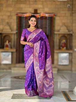 Ekta Textiles - Women Purple Banarasi Silk Woven Saree with Unstitched Blouse