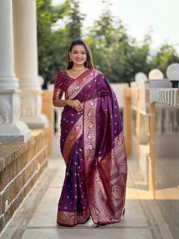 Ekta Textiles - Women Wine Soft Banarasi Silk Minakari Woven Saree with Unstitched Blouse