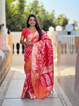 Ekta Textiles - Coral Soft Banarasi Silk Woven Saree with Unstitched Blouse