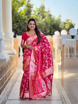 Ekta Textiles - Pink Soft Banarasi Silk Woven Saree with Unstitched Blouse