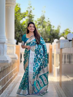 Ekta Textiles - Women Teal Banarasi Silk Minakari Woven Saree with Unstitched Blouse