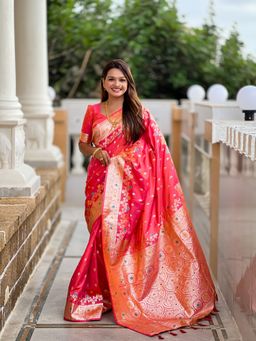 Ekta Textiles - Women Coral Soft Banarasi Silk Woven Saree with Unstitched Blouse