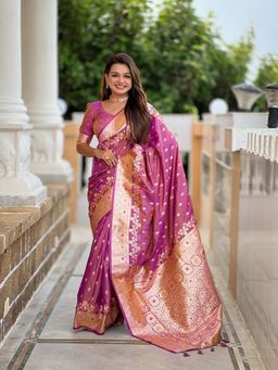 Ekta Textiles - Women Magenta Banarasi Silk Minakari Woven Saree with Unstitched Blouse