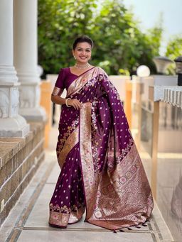 Ekta Textiles - Women Wine Soft Banarasi Silk Woven Saree with Unstitched Blouse