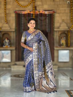 Ekta Textiles - Women Grey Soft Banarasi Silk Minakari Woven Saree with Unstitched Blouse