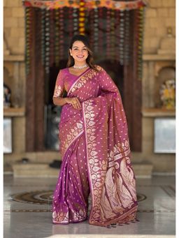 Ekta Textiles - Magenta Banarasi Silk Minakari Woven Saree with Unstitched Blouse