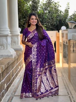 Ekta Textiles - Purple Women Banarasi Silk Minakari Woven Saree with Unstitched Blouse