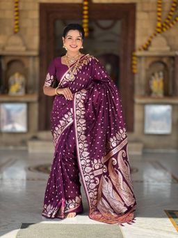 Ekta Textiles - Women Wine Soft Banarasi Silk Woven Saree with Unstitched Blouse