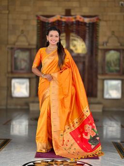 Ekta Textiles - Orange Soft Pathani Silk Zari Woven Munia Border Saree with Unstitched Blouse