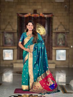 Ekta Textiles - Teal Soft Pathani Silk Zari Woven Munia Border Saree with Unstitched Blouse