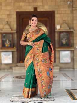 Ekta Textiles - Green Soft Pathani Silk Zari Minakari Woven Saree with Unstitched Blouse