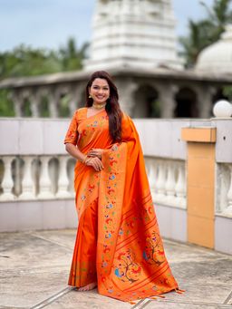 Ekta Textiles - Orange Soft Pathani Silk Zari Minakari Woven Saree with Unstitched Blouse