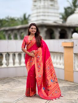 Ekta Textiles - Pink Soft Pathani Silk Zari Minakari Woven Saree with Unstitched Blouse
