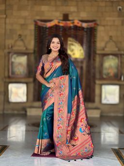 Ekta Textiles - Teal Soft Pathani Silk Zari Minakari Woven Saree with Unstitched Blouse