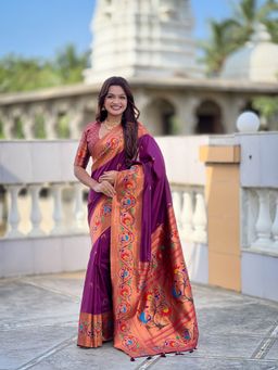 Ekta Textiles - Wine Soft Pathani Silk Zari Minakari Woven Saree with Unstitched Blouse