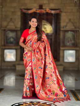 Ekta Textiles - Red Soft Kanjivaram Pathani Silk Zari Saree with Unstitched Blouse