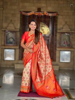 Ekta Textiles - Red Soft Kanjivaram Silk Zari Saree with Unstitched Blouse