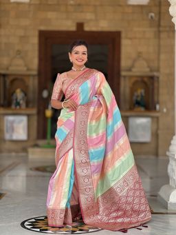 Ekta Textiles - Women Multi-Color Soft Silk Meenakari Woven Saree with Unstitched Blouse