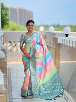 Ekta Textiles - Women Multi-Color Soft Silk Meenakari Woven Saree with Unstitched Blouse