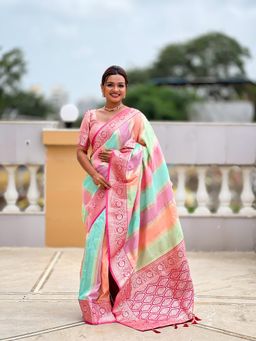 Ekta Textiles - Women Multi-Color Soft Silk All-Over Zari Woven Saree with Unstitched Blouse