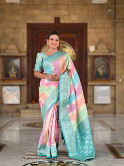 Ekta Textiles - Women Multi-Color Soft Silk Meenakari Woven Saree with Unstitched Blouse