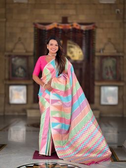 Ekta Textiles - Multi-Color Soft Silk Zari and Meenakari Woven Saree with Unstitched Blouse