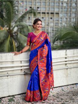Ekta Textiles - Blue Soft Silk Zari Motifs Rich Pallu Saree with Unstitched Blouse