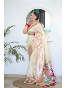 Ekta Textiles - Cream Soft Pathani Silk Zari and Meenakari Woven Saree with Unstitched Blouse
