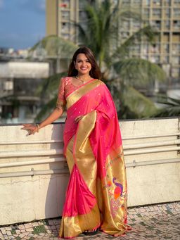 Ekta Textiles - Coral Soft Pathani Silk Zari and Meenakari Woven Saree with Unstitched Blouse