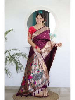Ekta Textiles - Wine Soft Pathani Silk Zari and Meenakari Woven Saree with Unstitched Blouse