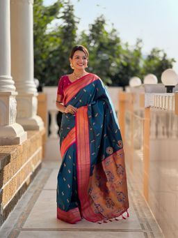 Ekta Textiles - Teal Soft Pathani Silk Zari Woven Saree with Unstitched Blouse