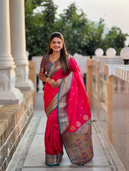 Ekta Textiles - Pink Soft Pathani Silk Zari Woven Saree with Unstitched Blouse