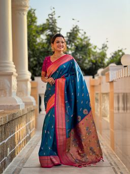 Ekta Textiles - Blue Soft Pathani Silk Zari Woven Saree with Unstitched Blouse