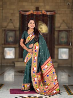 Ekta Textiles - Green Soft Pathani Silk Zari Motifs Saree with Unstitched Blouse