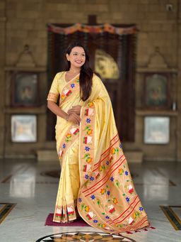 Ekta Textiles - Cream Soft Pathani Silk Zari Motifs Saree with Unstitched Blouse
