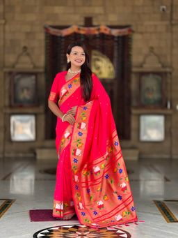 Ekta Textiles - Pink Soft Pathani Silk Zari Motifs Saree with Unstitched Blouse