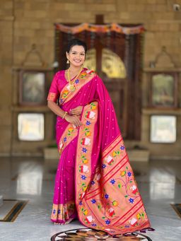 Ekta Textiles - Magenta Soft Pathani Silk Zari Motifs Saree with Unstitched Blouse