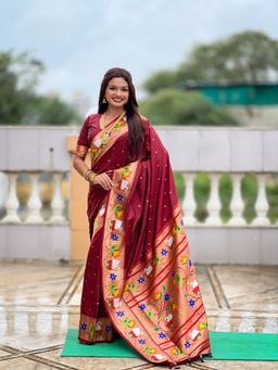 Ekta Textiles - Maroon Soft Pathani Silk Zari Motifs Saree with Unstitched Blouse