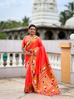 Ekta Textiles - Orange Soft Pathani Silk Zari Motifs Saree with Unstitched Blouse