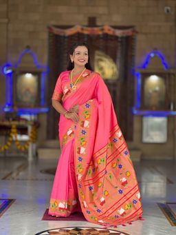 Ekta Textiles - Peach Soft Pathani Silk Zari Motifs Saree with Unstitched Blouse