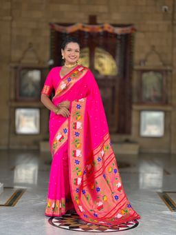 Ekta Textiles - Pink Soft Pathani Silk Zari Motifs Saree with Unstitched Blouse