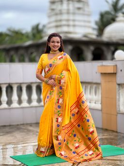 Ekta Textiles - Yellow Soft Pathani Silk Zari Motifs Saree with Unstitched Blouse