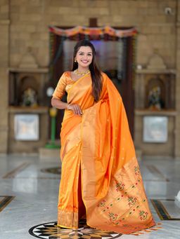 Ekta Textiles - Orange Soft Pathani Silk Zari Woven Saree with Unstitched Blouse