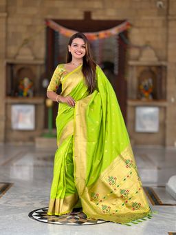 Ekta Textiles - Green Soft Pathani Silk Zari Woven Saree with Unstitched Blouse